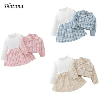 Blotona Baby Girl Party Элегантные наряды 2 шт., клетчатые пуговицы с длинным рукавом верхняя одежда + лоскутное платье с имитацией шеи, 3-24 месяца