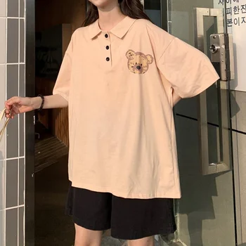 Deeptown Японский стиль преппи Футболки поло Женщины Корейский оверсайз Kawaii Bear Короткий рукав Топ Симпатичная уличная винтажная футболка