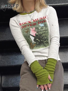 Weekeep Милая футболка с животным принтом Пэчворк с длинным рукавом O Neck Вязаный укороченный топ Женские повседневные футболки y2k Aesthetic Femme Autumn Top
