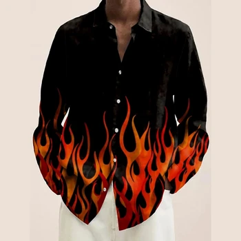  Новые летние мужские рубашки с принтом пламени Повседневные оверсайз с коротким рукавом Модные однобортные блузки Трендовые топы Мужская одежда