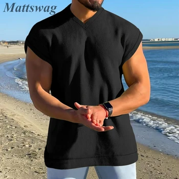 Вафельные однотонные спортивные футболки с V-образным вырезом для мужчин Летняя повседневная мужская одежда без рукавов Slim Fit Fitness Vest Top Hombre
