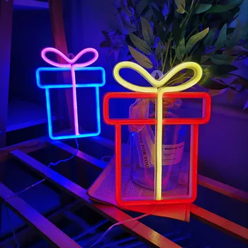 Рождественская подарочная коробка Светодиодная неоновая вывеска Настенный светильник Санта-Клаус Приходящая спальня Детская гостиная Бар Вечеринка Свадебное украшение Ночник