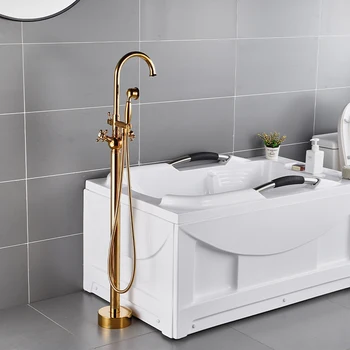 Золотой смеситель для холодной и горячей напольной ванны, вертикальный, полностью медный, независимый деревянный ведро, настенный