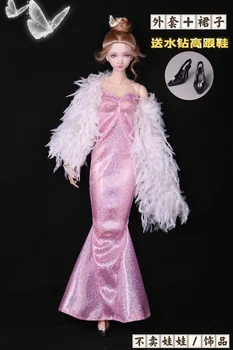 Комплект одежды / розовое платье + шаль из перьев + обувь / 30-сантиметровое кукольное платье наряд для 1/6 Xinyi FR ST PP Кукла Барби
