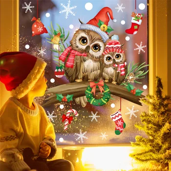 Рождественские наклейки на стекло окон Зимняя ветка рождественской елки Сова Снежинка Украшение окон Наклейки на стену Pegatinas Infantiles