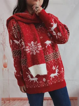 Женский рождественский красный милый свитер снежинка с лосиным принтом свободный теплый базовый свитер с длинным рукавом и шарф для осенней уличной одежды