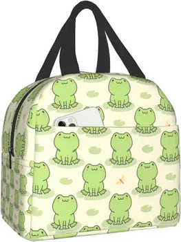 Kawaii Green Frog Lunch Bento Bag Изолированная ланч-бокс Многоразовая водонепроницаемая сумка для ланча с передним карманом для пикника в туристическом офисе