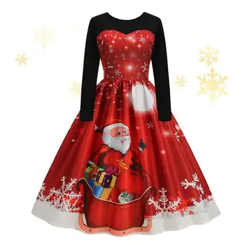 Женское рождественское платье Платье с длинным рукавом Платье с круглым вырезом Винтажное выпускное праздничное платье Женское забавное платье с принтом