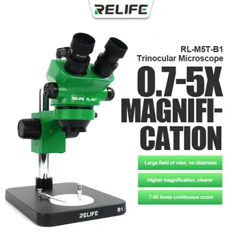 RL-M5T-B1 Тринокулярный микроскоп 0,7-5-кратное увеличение 7-50-кратный непрерывный зум с камерой для ремонта телефона, идентификация ювелирных изделий