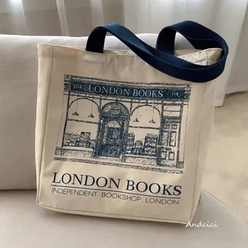 Женская холщовая сумка через плечо London Books Print Женская повседневная сумка Сумка-тоут Многоразовая хлопковая пляжная сумка большой емкости