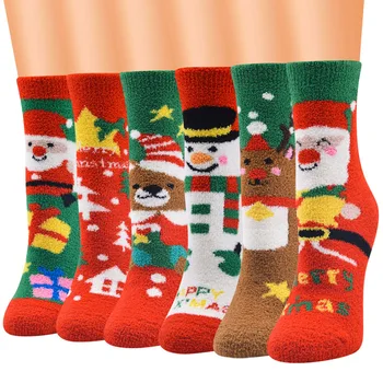 LKWDer 5 пар зимних толстых носков женские кавайные рождественские носки Санта-Клауса с принтом Детские забавные носки коралловый флис пушистые носки