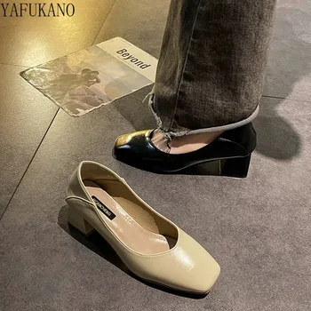 Модная универсальная одиночная обувь на толстом каблуке с квадратной головкой для женщин офисные рабочие туфли 2023 осень Новый популярный средний каблук на высоких каблуках