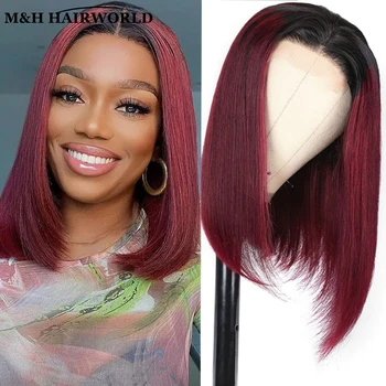 омбре бордового цвета синтетические волосы кружева спереди парики для женщин темные корни короткий прямой боб парик без клея кружева фронтальные парики