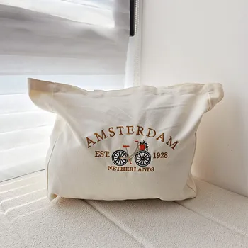 Амстердам, Нидерланды, Винтажный стиль, вышитая холщовая сумка-тоут 80-е 90-е годы, уличные сумки через плечо, женские повседневные сумки для покупок цвета хаки