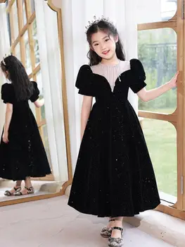 2024 Официальные мероприятия Платья для девочек Платье принцессы для банкета Дети Бисероплетение Черное бальное платье Детская выпускная одежда