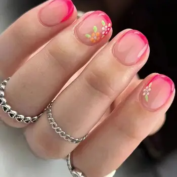 Короткие круглые накладные ногти Мода Французский Цветок Накладные Ногти Жемчужно-розовые Советы для ногтей DIY
