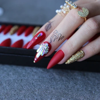 длинный шпилька красный накладные ногти кристалл накладные ногти золотой блеск полный набор на заказ салонный пресс на ногтях коробка 24шт ногти