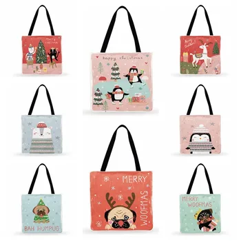 Женская сумка Плечо Складная сумка для покупок Рождественская мультяшная сумка для мопсов Живопись Печать Большая сумка для женщин Повседневная сумка на открытом воздухе на пляже