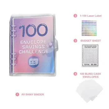  Glitter Envelope Challenge Binder 100-дневный набор Envelope Challenge Kit Fun Easy Money Saving Binder for 2023 Glitter Buckle Fixing