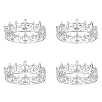 4X Корона Королевского Короля Для Мужчин - Металлические Короны Принца И Диадемы, Полные Круглые Шляпы Для Вечеринки Дня Рождения (Серебро)
