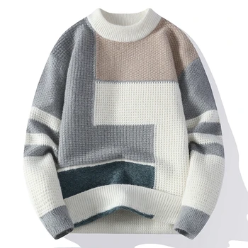 2023 Новый осенне-зимний Harajuku Модный лоскутный кашемировый свитер Мужской свободный повседневный мягкий теплый трикотаж Высокое качество Мужской пуловер