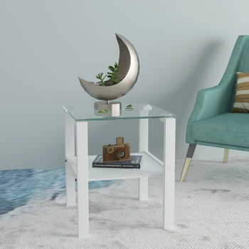 Стеклянный двухслойный чайный столик, маленький круглый стол, угловой стол в спальне, белый приставной столик в гостиной (белый)