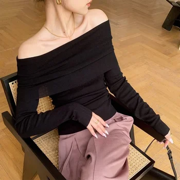 сексуальная укороченная футболка женская осень y2k одежда узкий топ черный однотонный с открытыми плечами элегантные топы с длинным рукавом корейская мода тонкая
