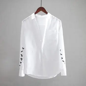 ICOOL Оригинальная мужская повседневная футболка с вышивкой птицами и лацканом из хлопка и льна с длинными рукавами