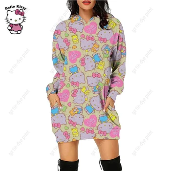 Осень Япония Аниме Hello Kitty Платье с капюшоном с длинным рукавом Приталенный крой Пуловеры Толстовка Платье Женщины Мода Свитер с капюшоном Платье