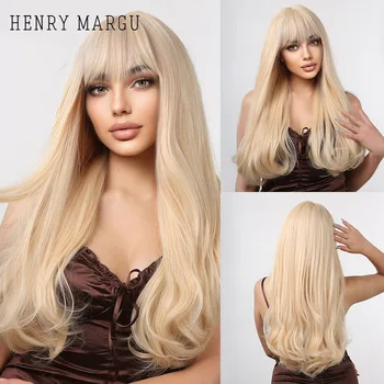 HNERY MARGU Длинные прямые светлые светлые синтетические парики для белых женщин натуральные волосы с челкой Ежедневные вечеринки Термостойкие парики
