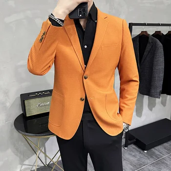 Blazer Hombre Корейская роскошная одежда Костюм Куртка Высокое качество Мода Вафельные Решетчатые Пиджаки Для Мужчин Slim Fit Элегантное Мужское Пальто
