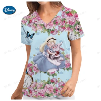 Больничные футболки Униформа медсестры Женская одежда Летние футболки Рубашка с V-образным вырезом Карманные топы Футболка с принтом принцессы Диснея Топ Женщины