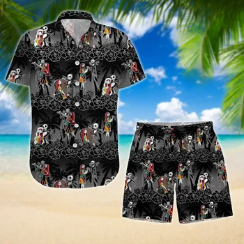 Jack Skellington Сладкие летние каникулы Гавайская рубашка и шорты для доски Disney Fashion Комплект рубашки с коротким рукавом Мужская уличная одежда