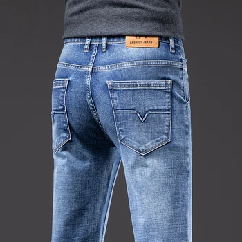 2023 Весна Осень Новый Мужской Светло-голубой Обычный Крой Midwight Повседневные джинсы Классический стиль Эластичные джинсовые брюки из джинсовой ткани Мужской бренд