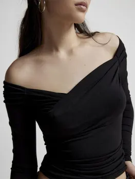 Женщины с открытыми плечами Рубашка с длинным рукавом Базовая сексуальная Y2k Graphic Slim Fit Solid Cutout Укороченный топ с рюшами Уличная одежда