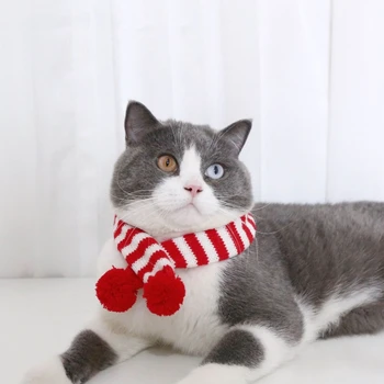 Рождественский вязаный шарф для собак с помпоном полосатый воротник мягкий удобный для кошек, собак, кроликов, домашних животных, рождественский костюм для вечеринки