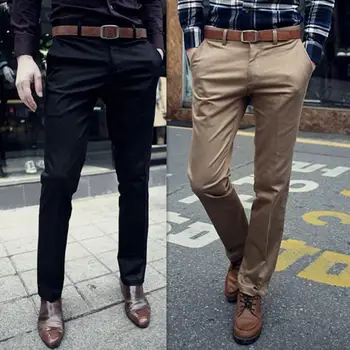  Мужские однотонные брюки Стильные мужские приталенные деловые брюки Дышащие мягкие брюки средней талии с карманами Пуговицы-молния