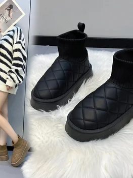 Обувь Зимние сапоги для женщин Роскошные дизайнерские сабо на плоском каблуке с круглым носком и плоским каблуком Сапоги на платформе-Женская зимняя обувь Женская мода Med Ru