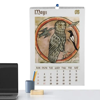 Средневековый настенный календарь Уродливая сова Настенный календарь на 2024 год Даргон Новый год Подвесной календарь 2024 12 месяцев Планировщик птиц Картины Подарок