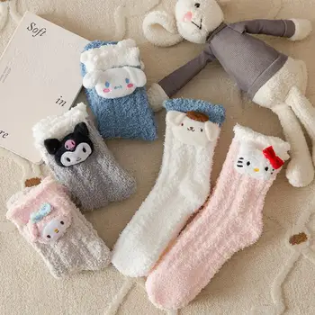 Зима Sanrios Аниме Hello Kitty Kuromi Кукла Трехмерные носки до середины икры Женские мультяшные теплые хлопковые носки Милый подарок